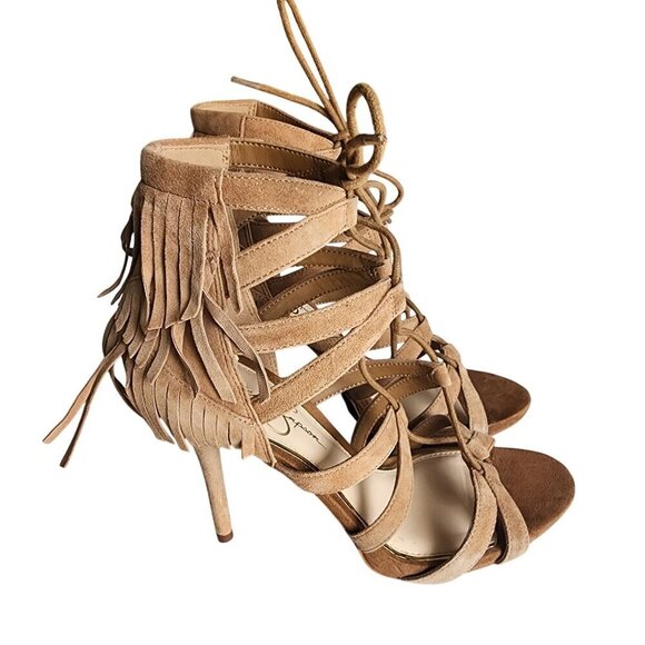 Jessica Simpson JS-Bregan Dakota Tan Lux Kid Suede Fringe Lace-Up Heels Size 8.5 - Picture 1 of 14